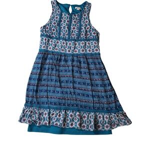 Xhilaration‎ Girls Teal Blue Boho Geometric Tiered Ruffle Dress Size L 10/12